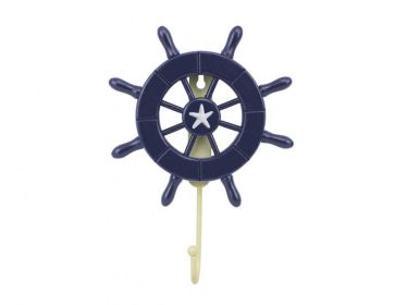 Dark Blue Decorative Ship Wheel with Starfish and Hook 8&quot;