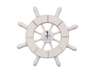 White Decorative Ship Wheel With Sailboat 6&quot;