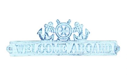 Dark Blue Whitewashed Cast Iron Welcome Aboard Sign with Ship Wheel and Anchors 9""