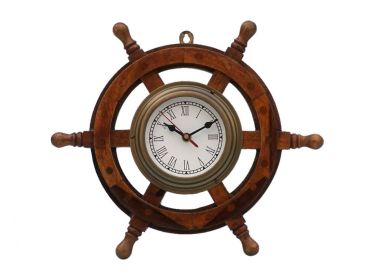 Deluxe Class Wood and Antique Brass Ship Steering Wheel Clock 12""