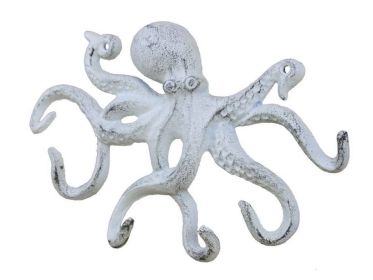 Rustic Whitewashed Cast Iron Octopus Hook 11&quot;