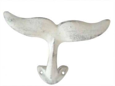 Rustic Whitewashed Cast Iron Decorative Whale Tail Hook 5""