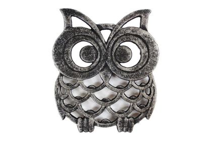 Rustic Silver Cast Iron Owl Trivet 8""