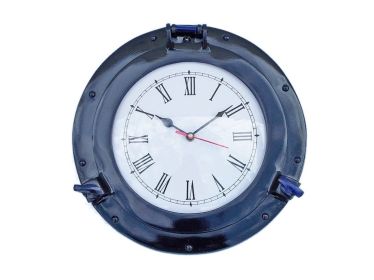 Brass Deluxe Class Porthole Clock 12"" - Dark Blue