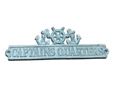 Dark Blue Whitewashed Cast Iron Captains Quarters Sign with Ship Wheel and Anchors 9""