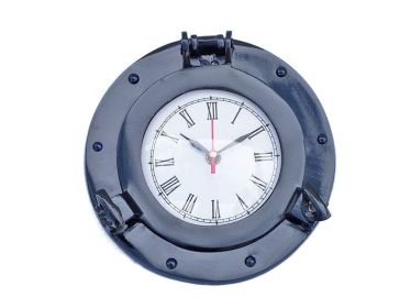 Brass Deluxe Class Porthole Clock 8"" - Dark Blue