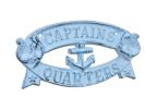 Rustic Dark Blue Whitewashed Cast Iron Captains Quarters Sign 8""