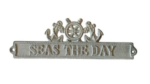 Whitewashed Cast Iron Seas the Day Sign with Ship Wheel and Anchors 9""