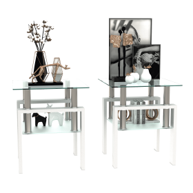 Set of 2, Modern Tempered Glass Tea Table Coffee Table End Table, Square Table for Living Room, Transparent/White