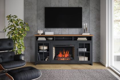 Bridgevine Home Essex 74 inch Fireplace TV Stand Console for TVs up to 85 inches, Black and Whiskey Finish