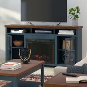 Bridgevine Home Nantucket 74 inch Fireplace TV Stand Console for TVs up to 85 inches, Minimal Assembly, Blue Denim and Whiskey Finish