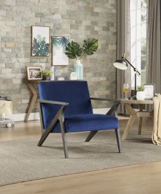 Retro Style Velvet Upholstered Blue Accent Chair 1pc Solid Rubberwood Antique Gray Finish Modern Home Furniture