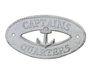 Whitewashed Cast Iron Captains Quarters with Anchor Sign 8""