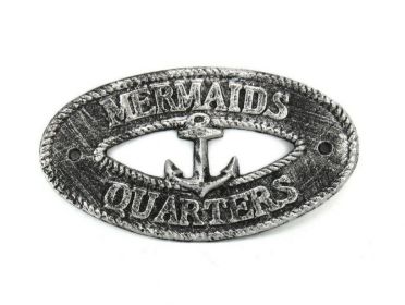 Antique Silver Cast Iron Mermaids Quarters with Anchor Sign 8""