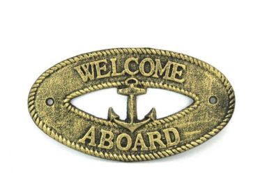 Antique Gold Cast Iron Welcome Aboard with Anchor Sign 8""