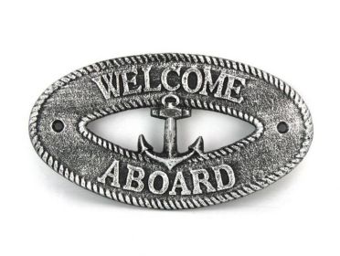 Antique Silver Cast Iron Welcome Aboard with Anchor Sign 8""