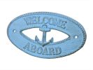 Rustic Light Blue Cast Iron Welcome Aboard with Anchor Sign 8""