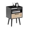 15.75" Rattan End table with drawer and solid wood legs, Modern nightstand, side table for living room, bedroom, black