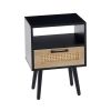 15.75" Rattan End table with drawer and solid wood legs, Modern nightstand, side table for living room, bedroom, black