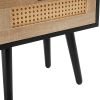 15.75" Rattan End table with drawer and solid wood legs, Modern nightstand, side table for living room, bedroom, black