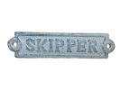 Rustic Dark Blue Whitewashed Cast Iron Skipper Sign 6""