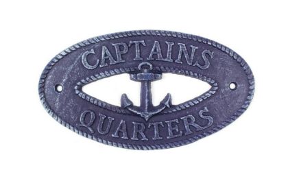 Rustic Dark Blue Cast Iron Captains Quarters with Anchor Sign 8""