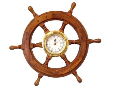 Deluxe Class Wood And Brass Ship Wheel Clock 18""