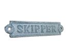 Rustic Dark Blue Whitewashed Cast Iron Skipper Sign 6""