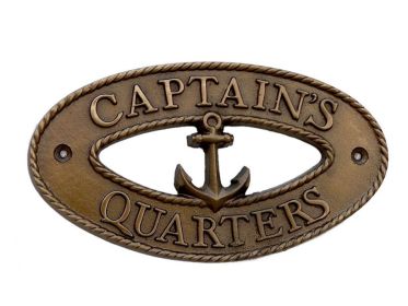 Antique Brass Captains Quarters Oval Sign with Anchor 8""