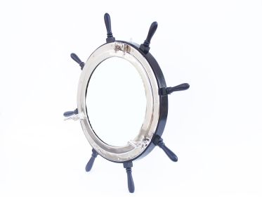 Deluxe Class Wood and Chrome Ship Wheel Porthole Mirror 36""