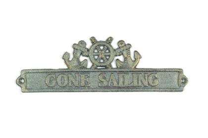 Antique Bronze Cast Iron Gone Sailing Sign with Ship Wheel and Anchors 9""