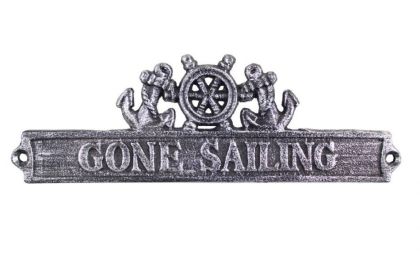 Antique Silver Cast Iron Gone Sailing Sign with Ship Wheel and Anchors 9""