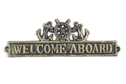 Antique Gold Cast Iron Welcome Aboard Sign with Ship Wheel and Anchors 9""