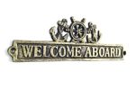 Antique Gold Cast Iron Welcome Aboard Sign with Ship Wheel and Anchors 9""