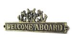 Antique Gold Cast Iron Welcome Aboard Sign with Ship Wheel and Anchors 9""