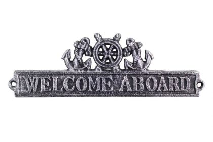 Antique Silver Cast Iron Welcome Aboard Sign with Ship Wheel and Anchors 9""