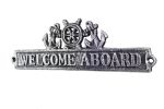 Antique Silver Cast Iron Welcome Aboard Sign with Ship Wheel and Anchors 9""