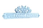 Dark Blue Whitewashed Cast Iron Welcome Aboard Sign with Ship Wheel and Anchors 9""