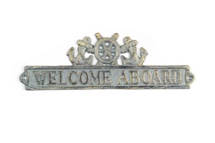 Antique Bronze Cast Iron Welcome Aboard Sign with Ship Wheel and Anchors 9""