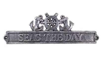 Antique Silver Cast Iron Seas the Day Sign with Ship Wheel and Anchors 9""