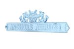 Dark Blue Whitewashed Cast Iron Anchors Aweigh Sign with Ship Wheel and Anchors 9""