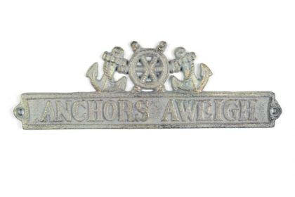 Antique Bronze Cast Iron Anchors Aweigh Sign with Ship Wheel and Anchors 9""