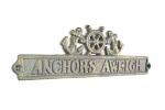 Antique Bronze Cast Iron Anchors Aweigh Sign with Ship Wheel and Anchors 9""