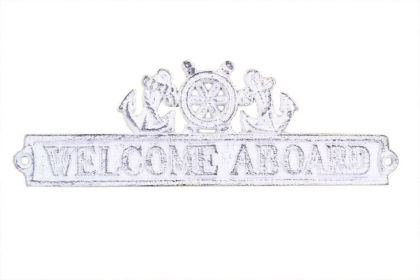 Whitewashed Cast Iron Welcome Aboard Sign with Ship Wheel and Anchors 9""