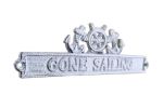 Whitewashed Cast Iron Gone Sailing Sign with Ship Wheel and Anchors 9""