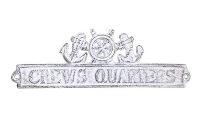 Whitewashed Cast Iron Crews Quarters Sign with Ship Wheel and Anchors 9""