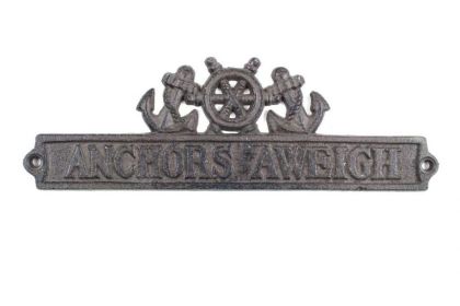 Cast Iron Anchors Aweigh Sign with Ship Wheel and Anchors 9""