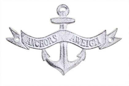 Whitewashed Cast Iron Anchors Aweigh Anchor Sign 8""