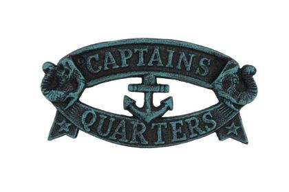 Seaworn Blue Cast Iron Captains Quarters Sign 8""