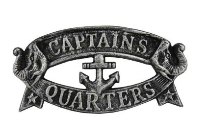 Antique Silver Cast Iron Captains Quarters Sign 8""